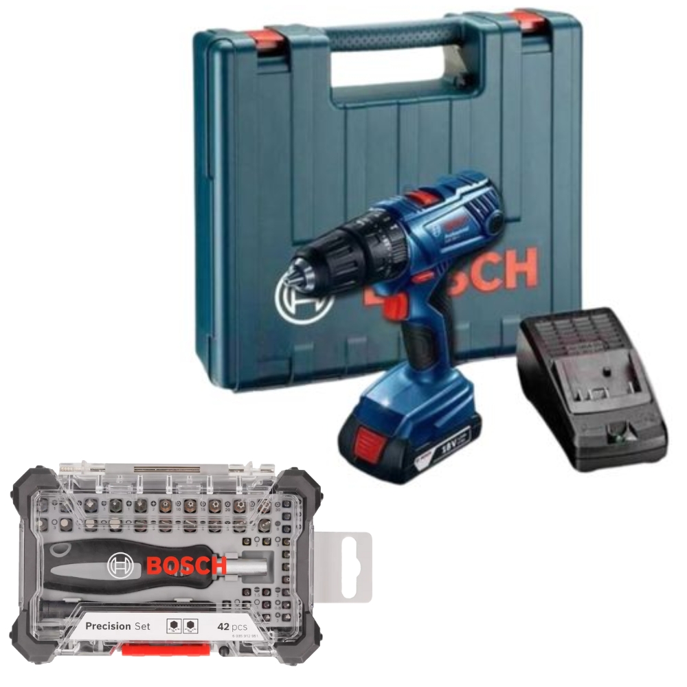 Bosch – Impact Drill Kit (GSB180-LI) With Precis. Screwdriver Bit Set 42Pc