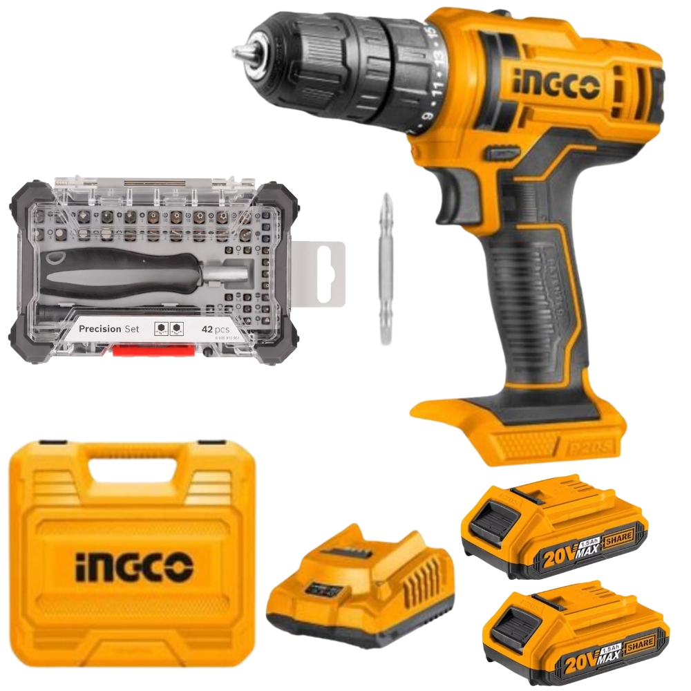 Ingco – Li-Ion Cordless Drill with Precision Screwdriver Bit Set – 42 Pces