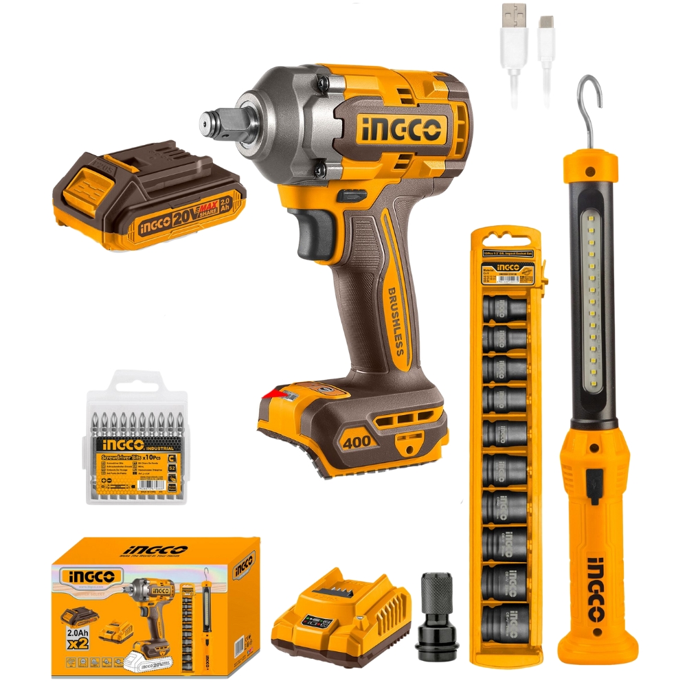 Ingco – Impact Wrench 400Nm with Work Lamp 2 x 2Ah Battery and Charger