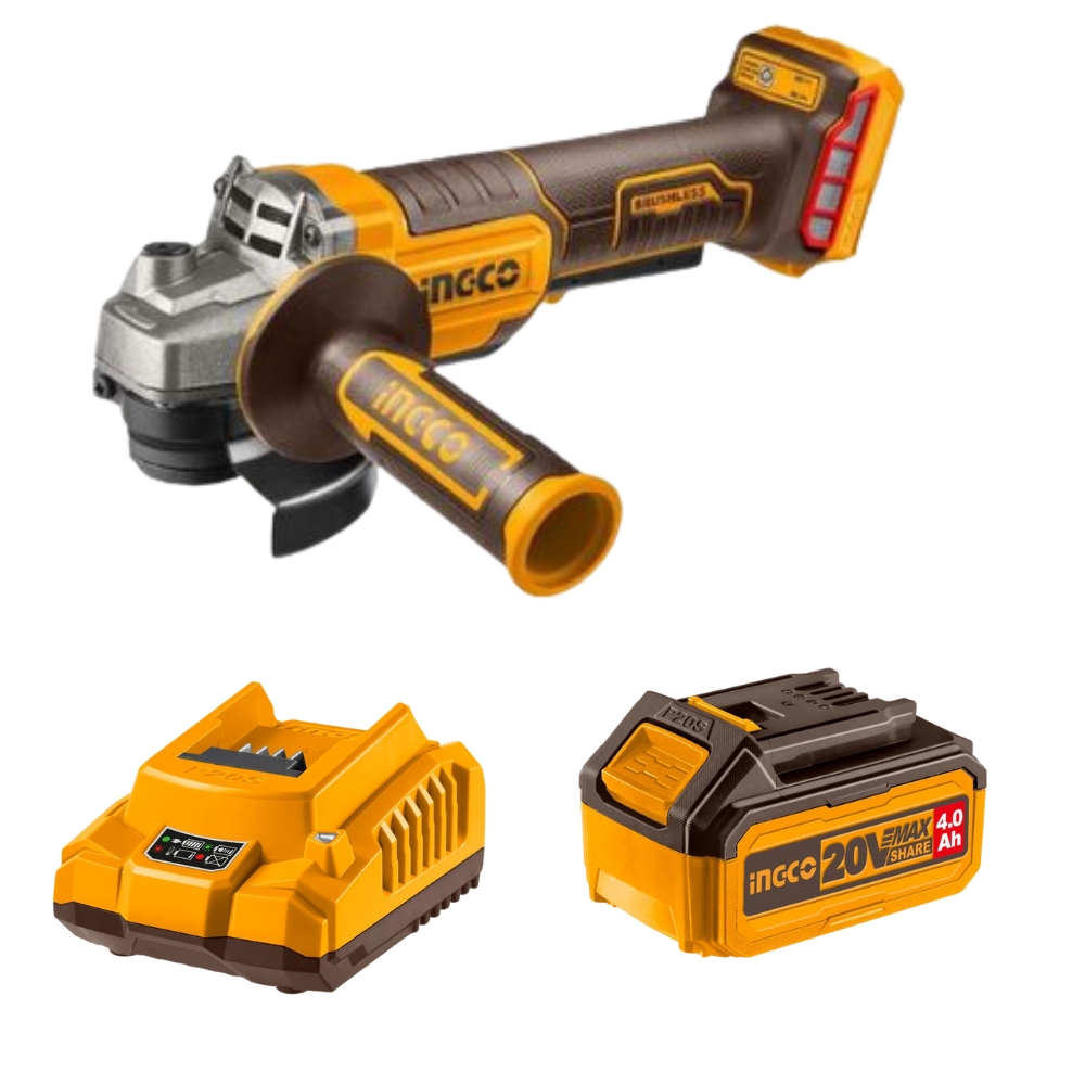 Ingco – Li-Ion Cordless Angle Grinder (20V) with 4.0 Ah Battery & Charger