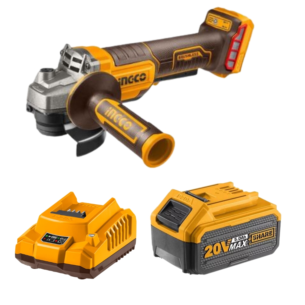 Ingco – Li-Ion Cordless Angle Grinder (20V) with 5.0 Ah Battery & Charger