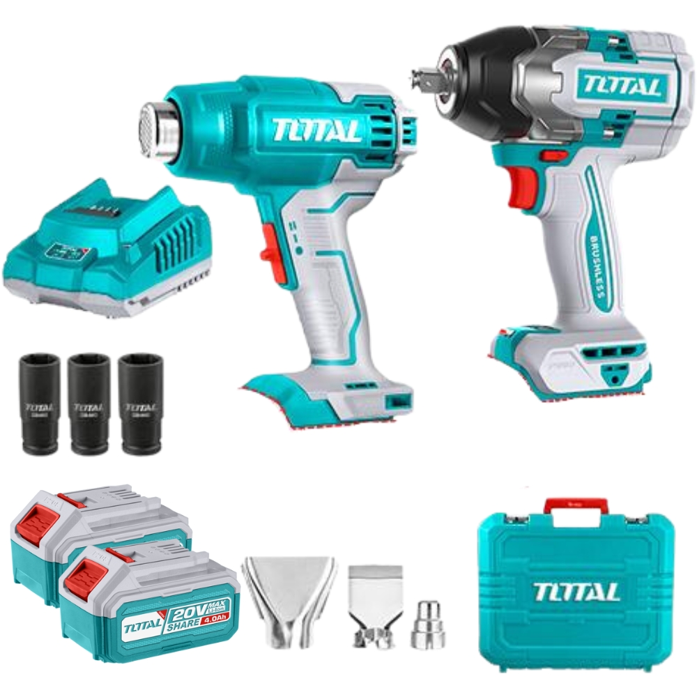 Total – 20V Impact Wrench 850Nm with Heat Gun 2 x 4Ah Battery and Charger