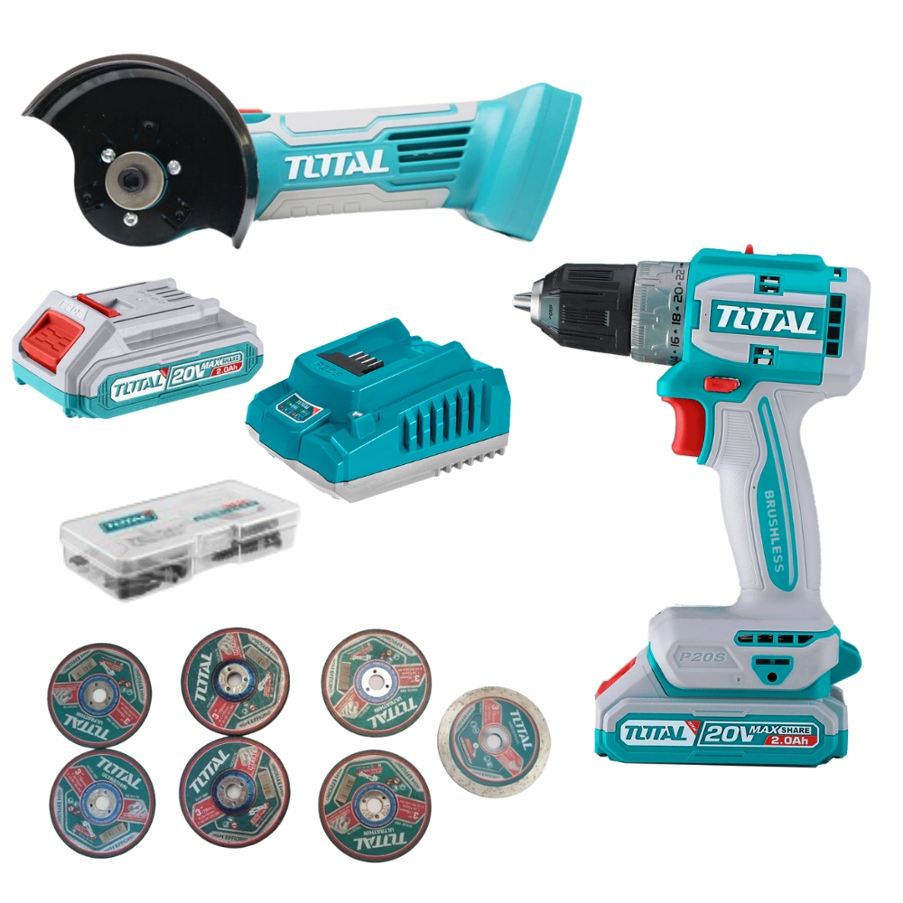 Total – Cordless Drill with Mini Cut-off Tool 2 x 2Ah Battery and Charger
