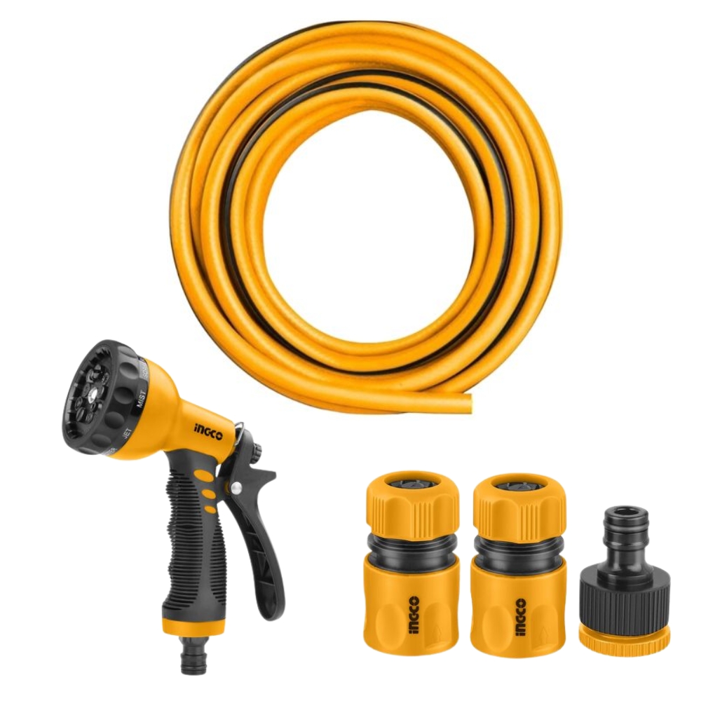 Ingco – Garden Hose (20mx1/2″) with Trigger Spray(9Patterns), Fittings(3Pc)