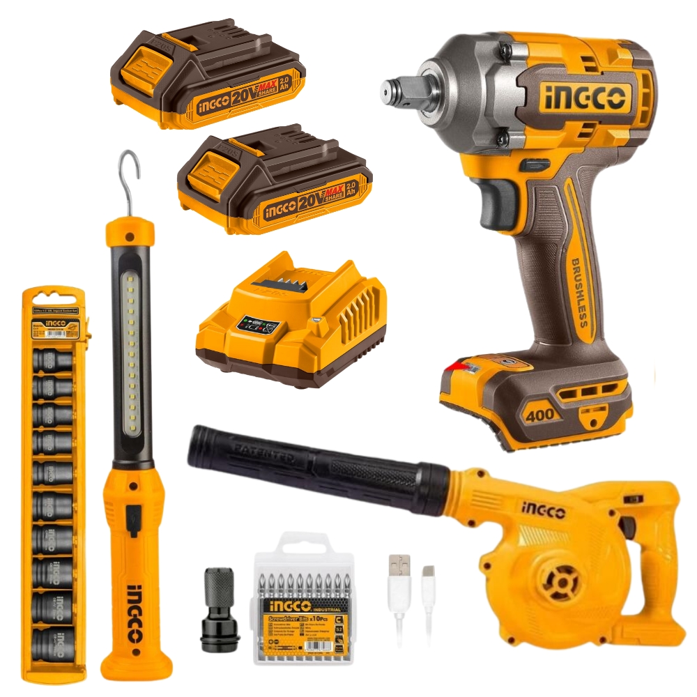 Ingco – Impact Wrench 400Nm with 2x2AhBatteries,Charger,Work Lamp & Blower
