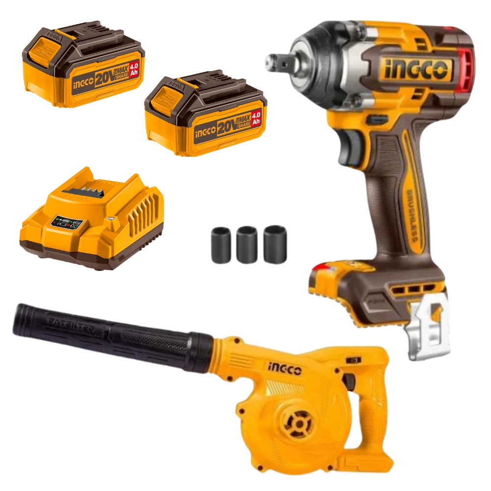 Ingco – Impact Wrench 500NM with 2x4Ah Batteries,Charger & Cordless Blower