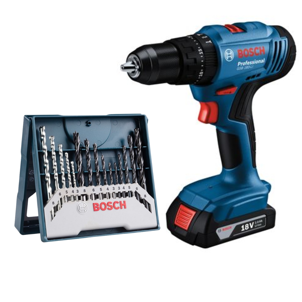 Bosch – Impact Drill (GSB183-LI) with 1x 2AhBattery, Charger & 15Pc Bit Set