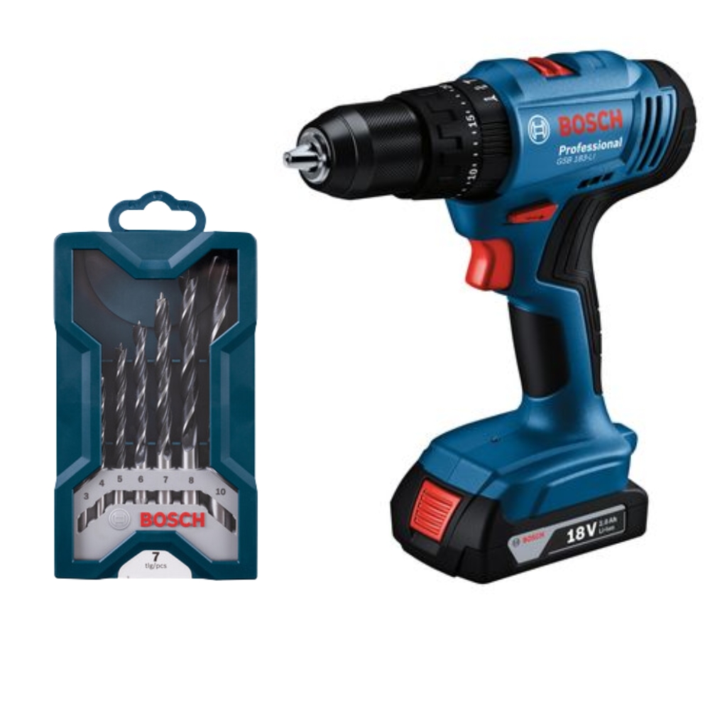 Bosch – Impact Drill (GSB183-LI) with 1x 2Ah Battery, Charger & 7Pc Bit Set