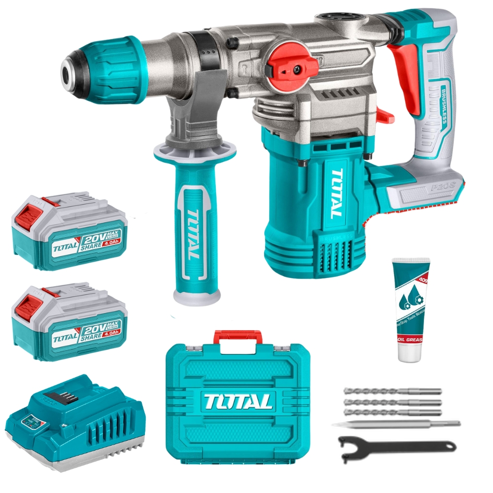 Total – 20V Lithium-Ion Rotary Hammer 28mm with 2 x 4Ah Battery & Charger