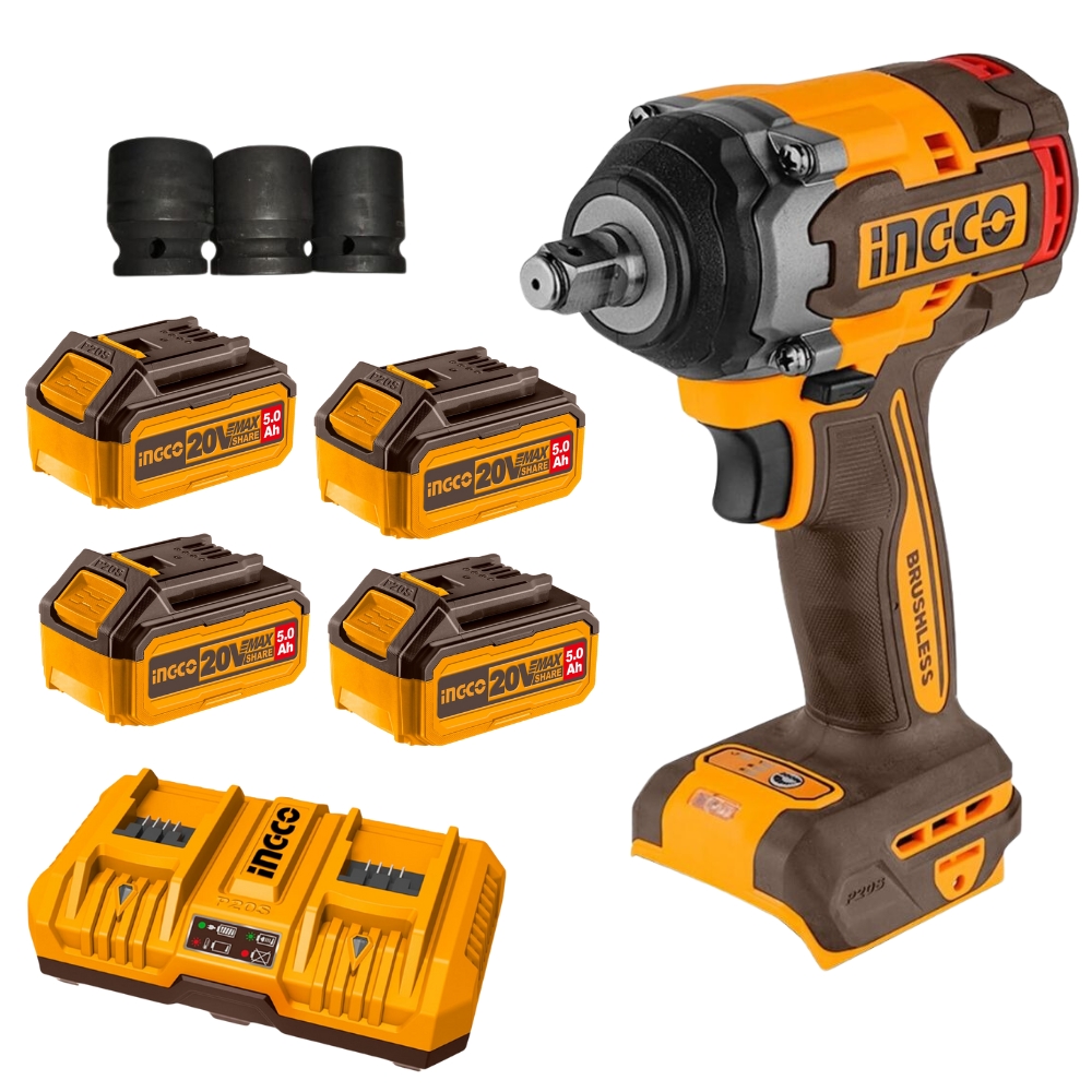 Ingco – Li-ion Impact Wrench (20V) 500N.m with 4 x 5Ah Battery & Charger
