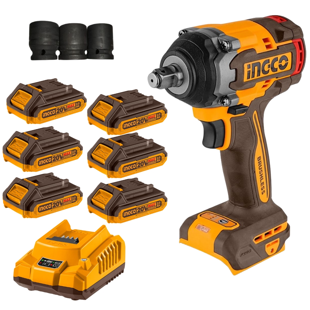 Ingco – Li-ion Impact Wrench (20V) 500N.m with 6 x 2Ah Battery & Charger