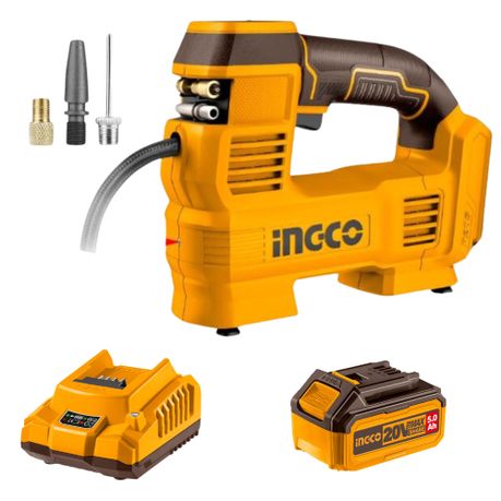 Ingco – Li-ion Cordless Auto Compressor 20V with 5Ah Battery and charger