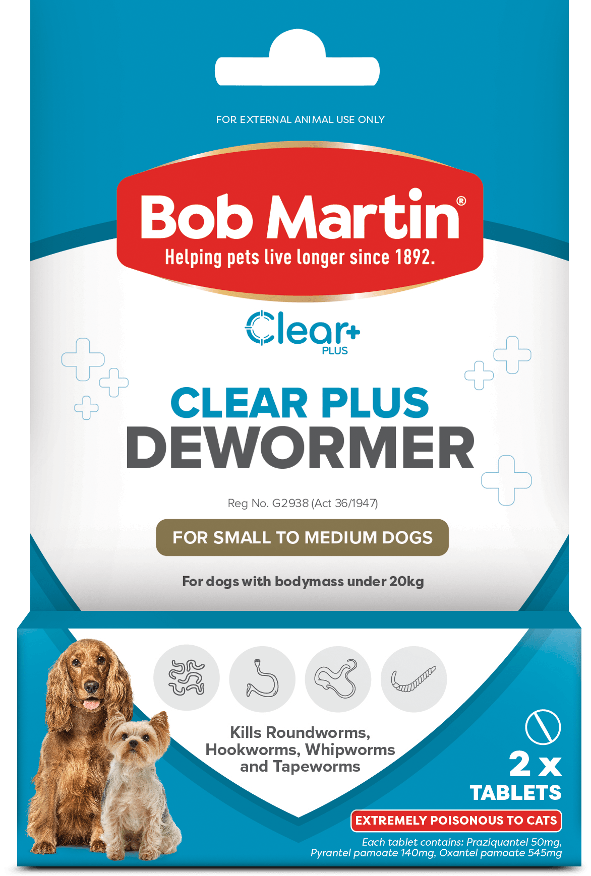BOB MARTIN Clear+ Dewormer Tablets for Small & Medium Dogs 2’s