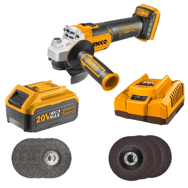 Ingco – Lithium Angle Grinder with 5.0 Ah Combo and Discs -kit