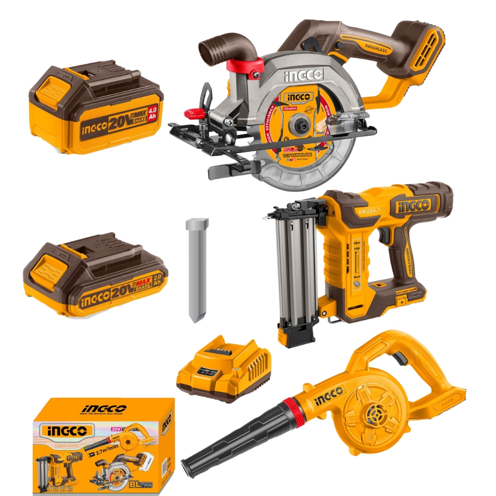 Ingco – 3 Piece cordless circular saw, stapler and air blower kit 20v