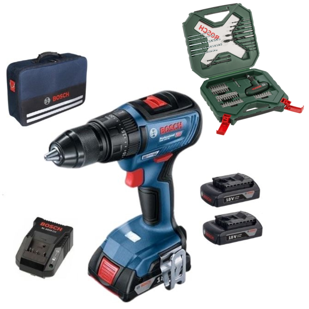 Bosch Impact Drill Driver GSB18V-50 with 3×1.5Ah Batteries, 54 piece Drill Set