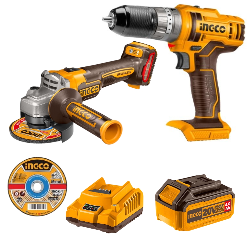 Ingco – Cordless Impact Drill and Grinder with 4.0Ah Battery and Charger