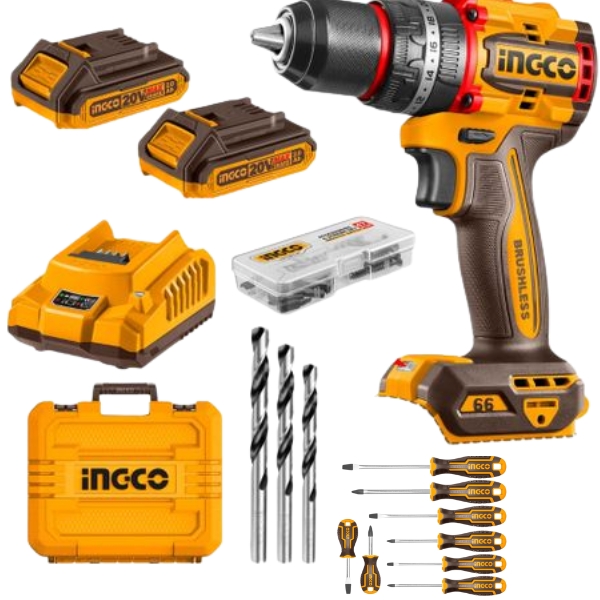 Ingco – Cordless Drill with 2 x 2.0Ah Batteries, Charger and Screwdriver Set