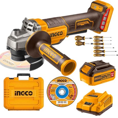 Ingco – Lithium-ion Angle Grinder Kit and Screwdriver Set – 8 Pieces