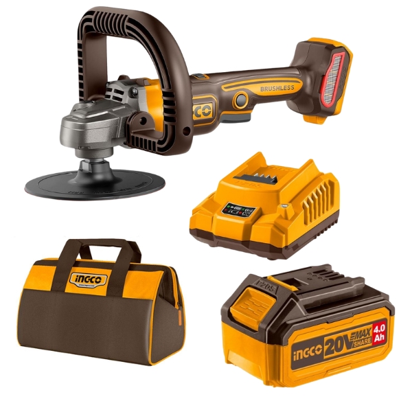 Ingco – Cordless Brushless Angle Polisher with 4.0Ah Battery, Charger & Bag