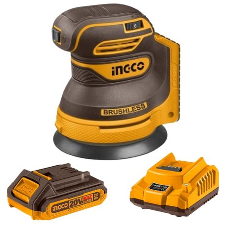 Ingco – Cordless Random Orbit Sander (20V) with 2Ah Battery and Charger