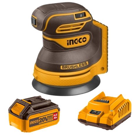 Ingco – Cordless Random Orbit Sander (20V) with 4Ah Battery and Charger