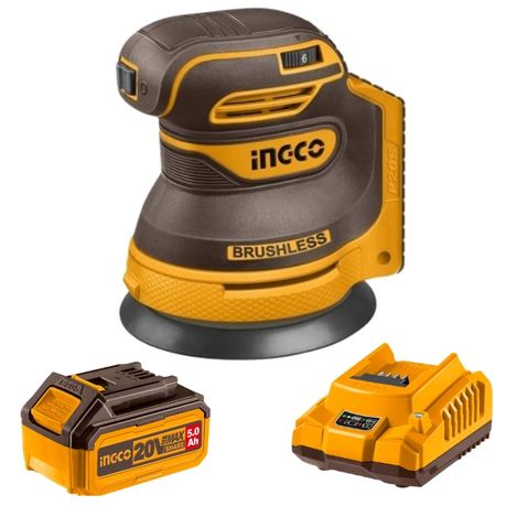 Ingco – Cordless Random Orbit Sander (20V) with 5Ah Battery and Charger