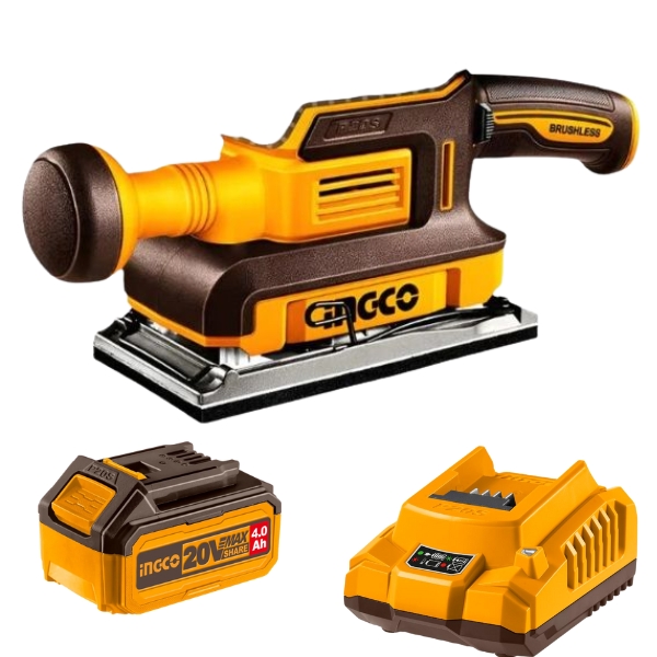 Ingco – Cordless Finishing Sander 20V with 4.0Ah Battery and Charger