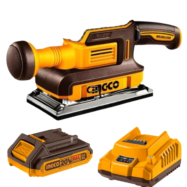 Ingco – Cordless Finishing Sander 20V with 2.0Ah Battery and Charger