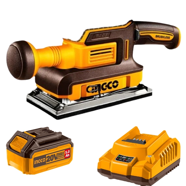 Ingco – Cordless Finishing Sander 20V with 5.0Ah Battery and Charger