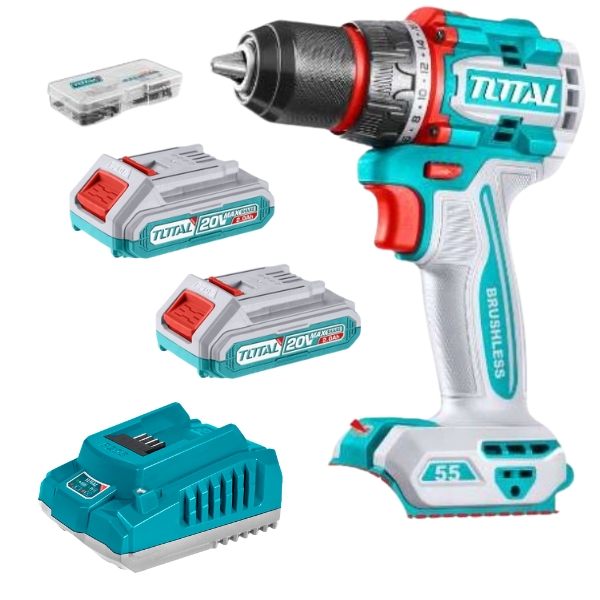 Total Tools – Cordless Drill (55Nm) with 2 x 2.0Ah Batteries, Charger & Acc
