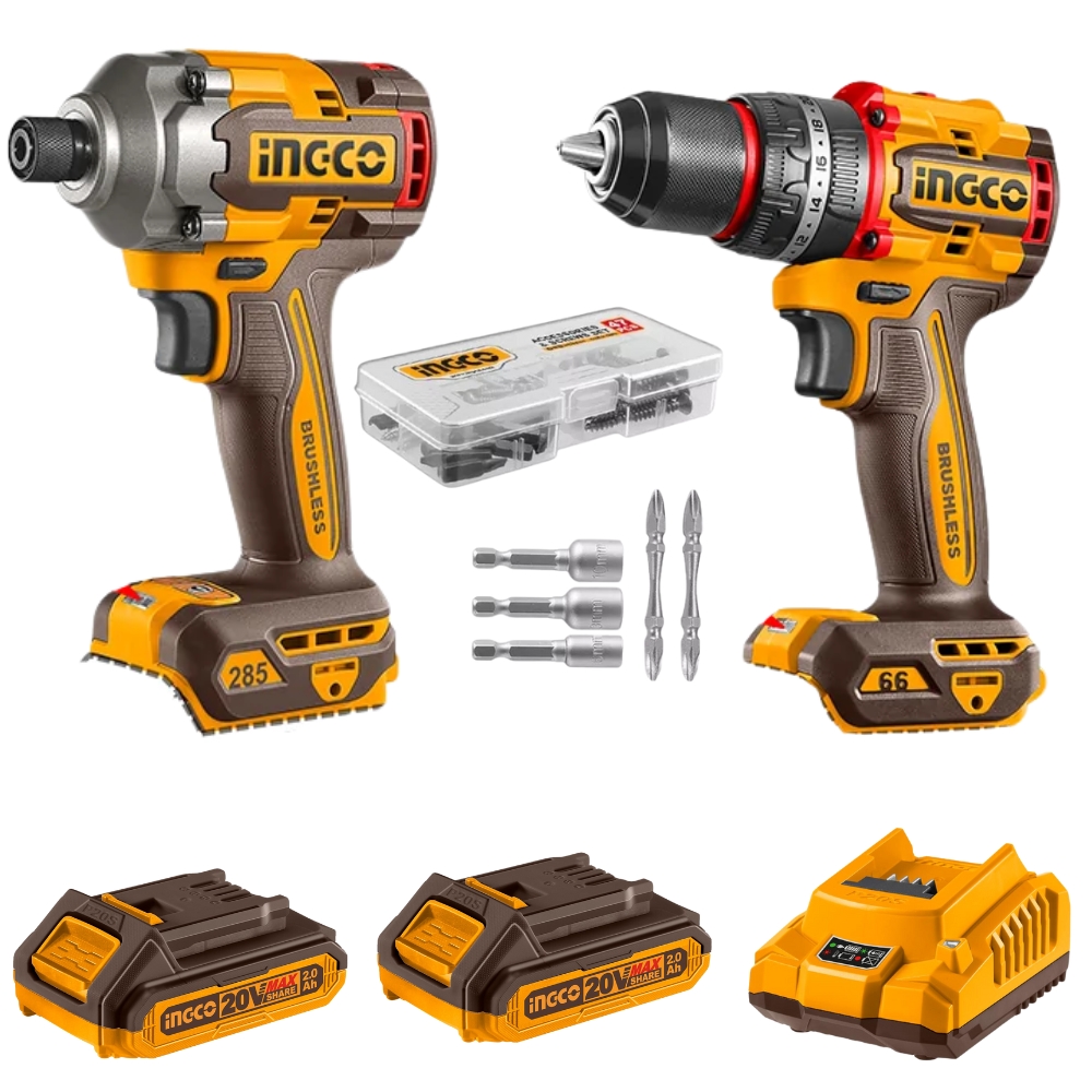 Ingco – 20V Cordless Impact Drill 66Nm & Driver 285Nm with Screwdriver Set