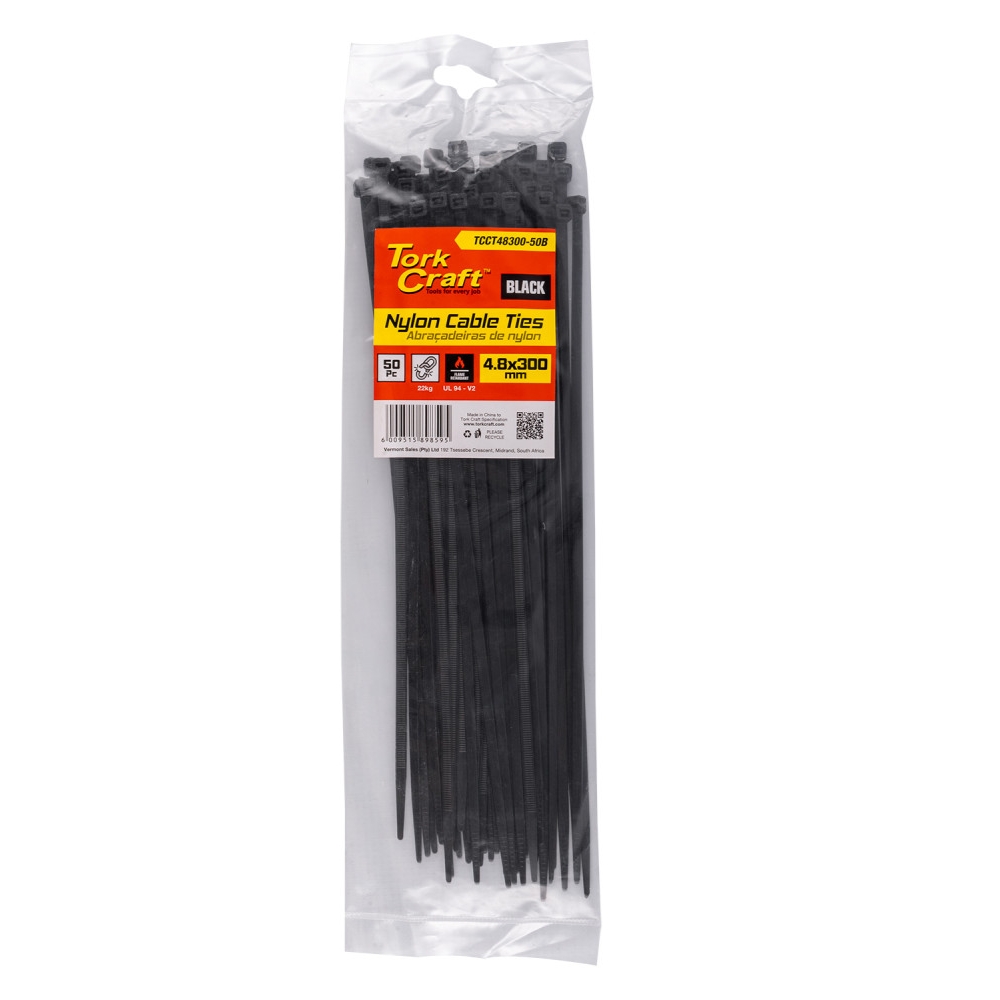 Tork Craft – Nylon Cable Ties 4.8mm X 300mm Black – 50 Pieces