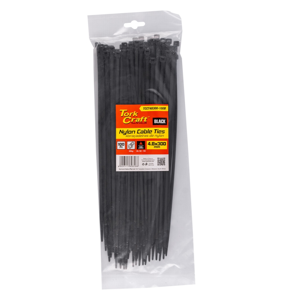 Tork Craft – Nylon Cable Ties 4.8mm X 300mm Black – 100 Pieces