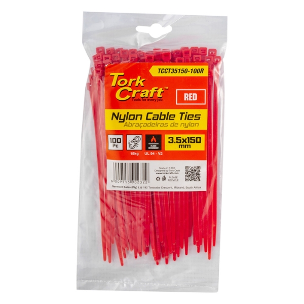 Tork Craft – Nylon Cable Ties 3.5mm X 150mm Red – 100 Pieces