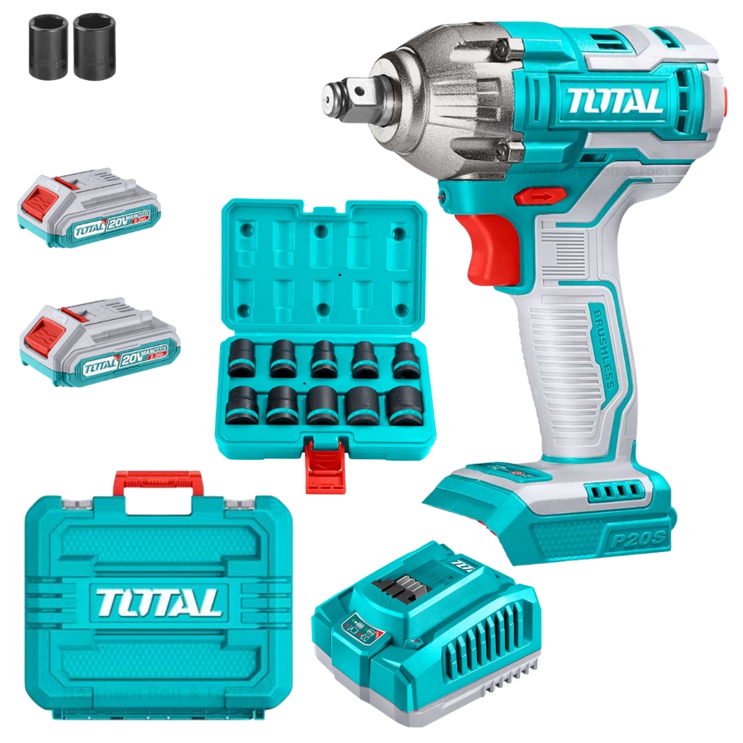 Total Tools – Cordless Impact Wrench & 1/2 DR . Impact Socket Set-10Pc