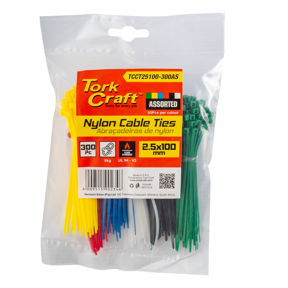 Tork Craft – Nylon Cable Ties 2.5 X 100mm Assoprted – 300 Pieces