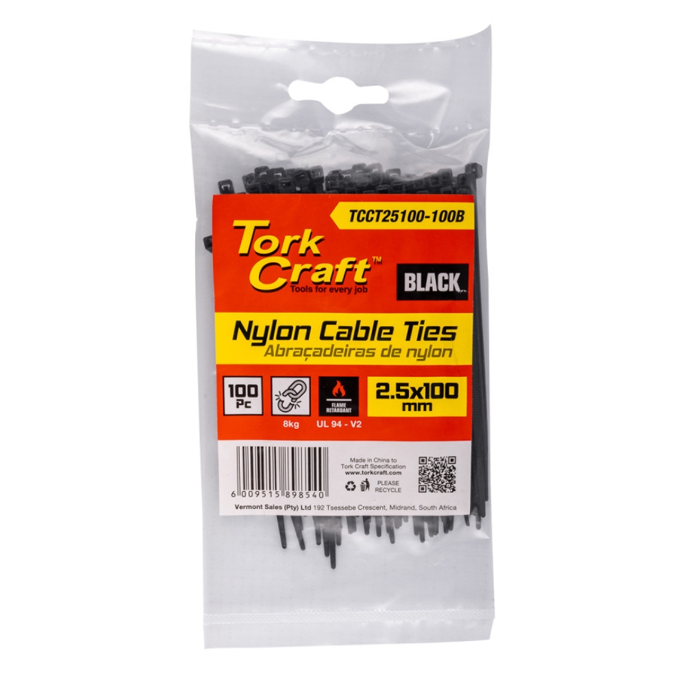 Tork Craft – Nylon Cable Ties 2.5mm x 100mm Black – 100 Pieces
