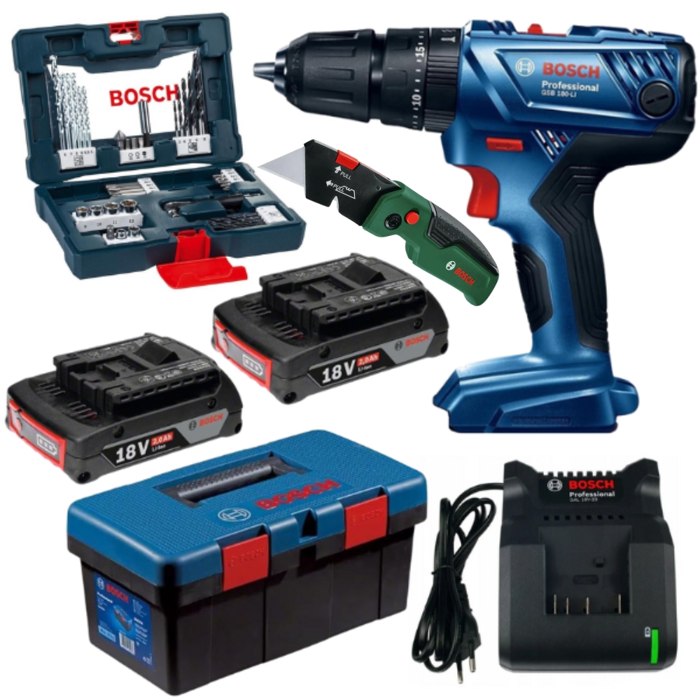 Bosch – Cordless Drill, 2 x 2Ah Batteries, Charger, Bit Set and Folding Knife
