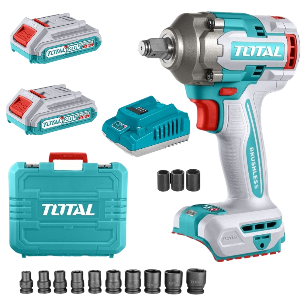 Total Tools – Cordless Wrench with 2x Battery, Charger & 10Pc Socket Set