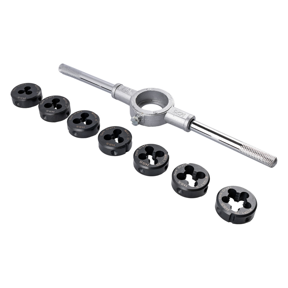 Tork Craft – HSS Die & Die Holder Set – 8Piece, M3-M12, 3-12mm
