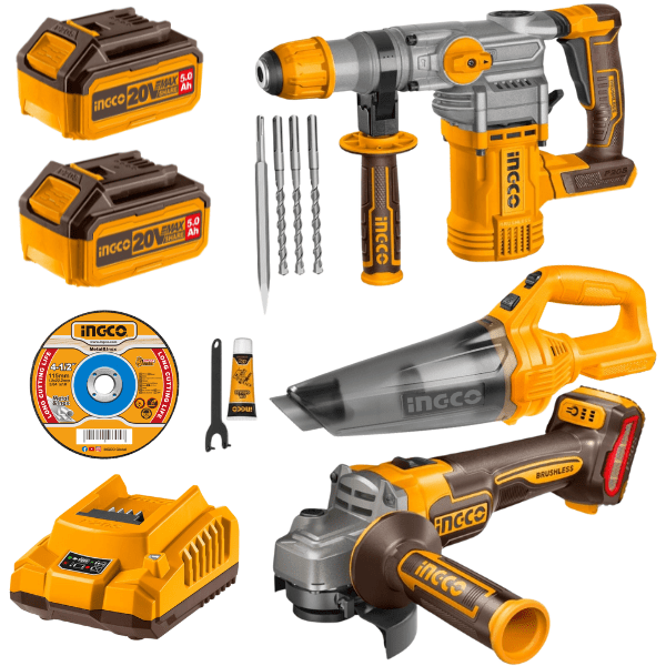 Ingco – Rotary Hammer drill, Grinder, Vacuum with 2x 5Ah Battery & Charger