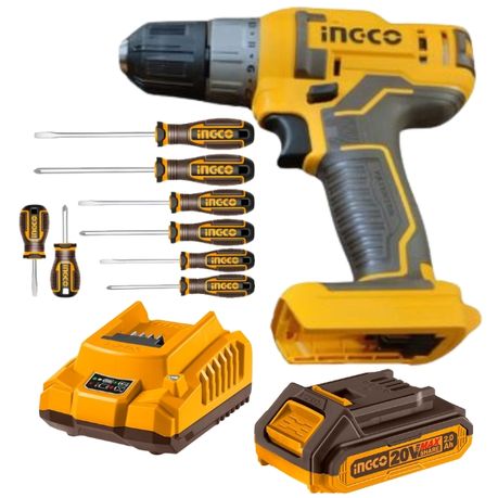 Ingco – Cordless Drill with 2.0Ah Battery and Charger with Screwdriver Set