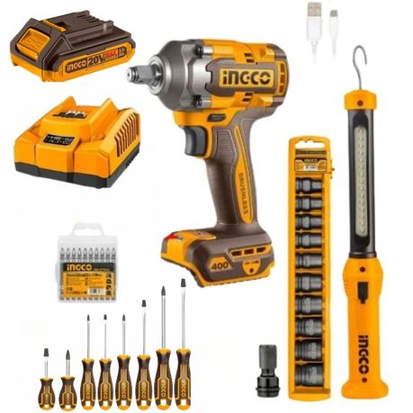 Ingco – Impact Wrench with Lamp 2x2Ah Battery, Charger & Screwdriver Set