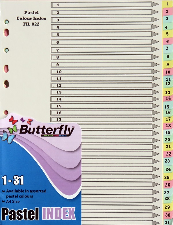 Butterfly A4 File Dividers Pastel Board – 31 Tab 1-31