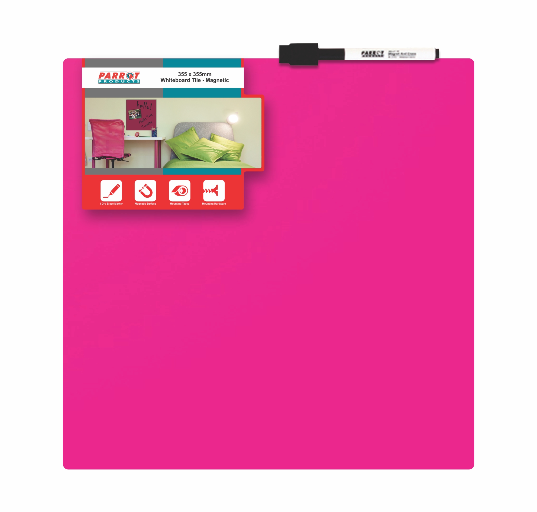 Parrot Whiteboard Tile Magnetic 355 x 355mm – Pink