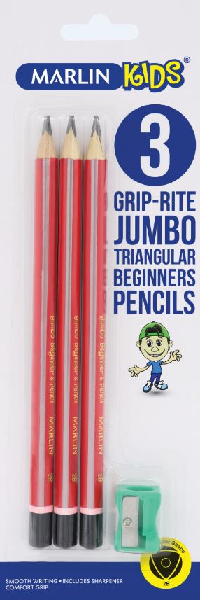 Marlin Kids 3 Jumbo Triangular Graphite Pencils & Sharpener