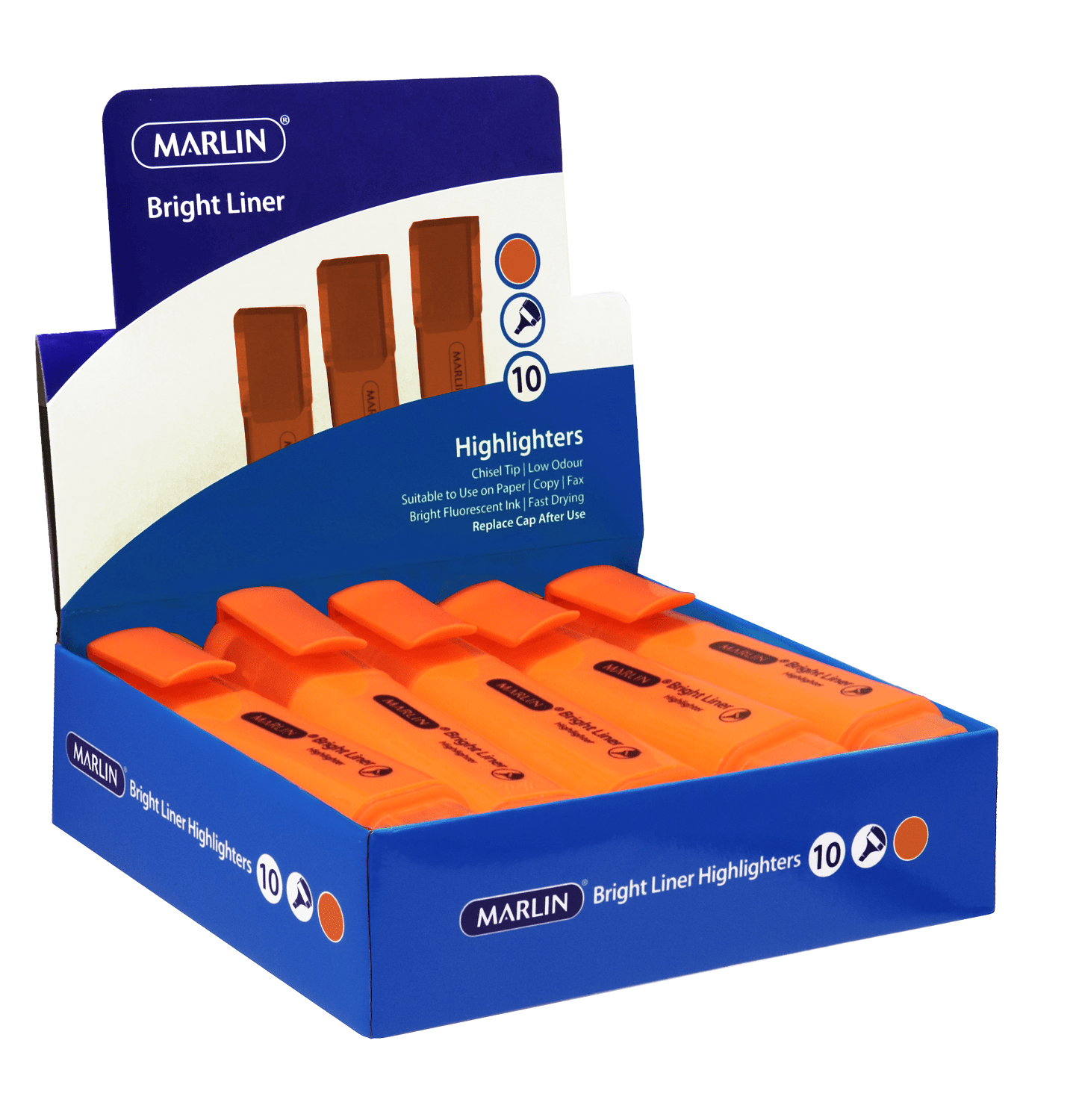 Marlin Bright Liners Highlighters – Orange (Box of 10)