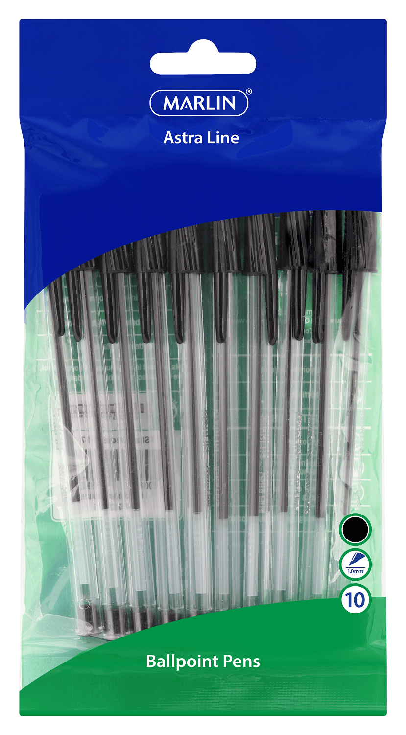 Marlin Astra-Line Medium Nib Ballpoint Pens – Black (Pack of 10)