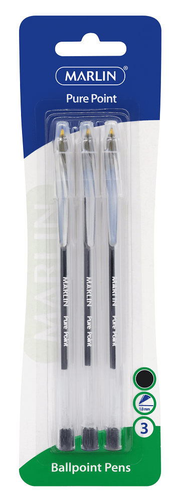 Marlin Pure Point Medium Transparent Ballpoint Pens – Black Ink (Blister of 3)